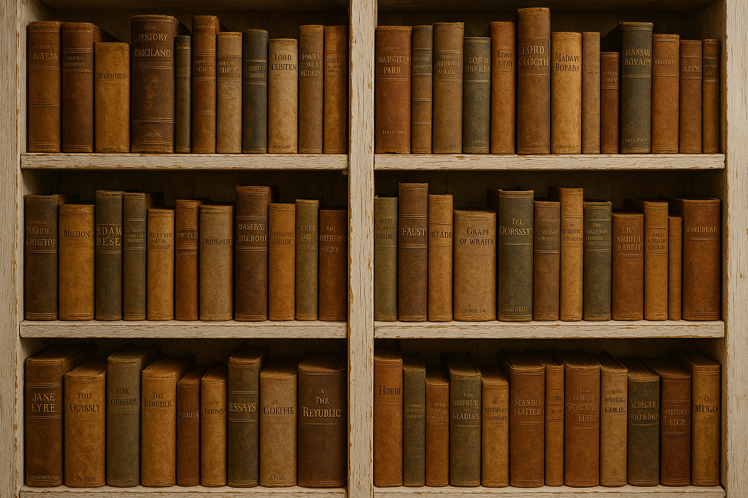 white wood shelves lined with old realistic looking books with titles